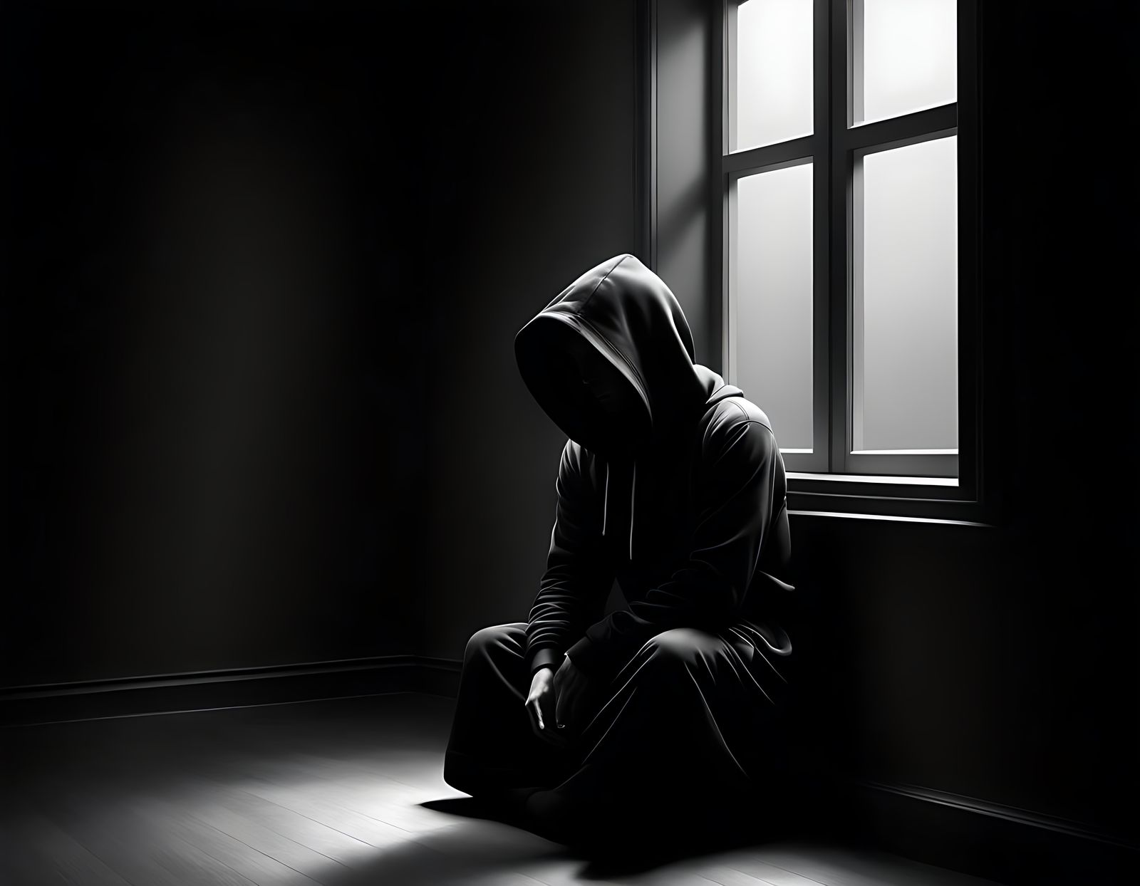 Monochrome Pencil Drawing of Hooded Figure in Dark Room