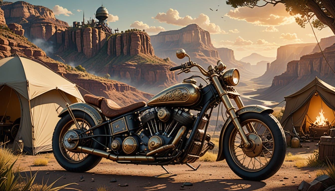 Steampunk Motorcycle Amidst the Grand Canyon