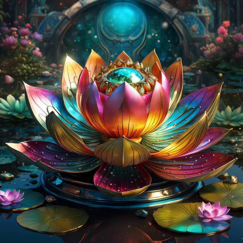 Metallic Lotus and Frog: Fantasycore Digital Art