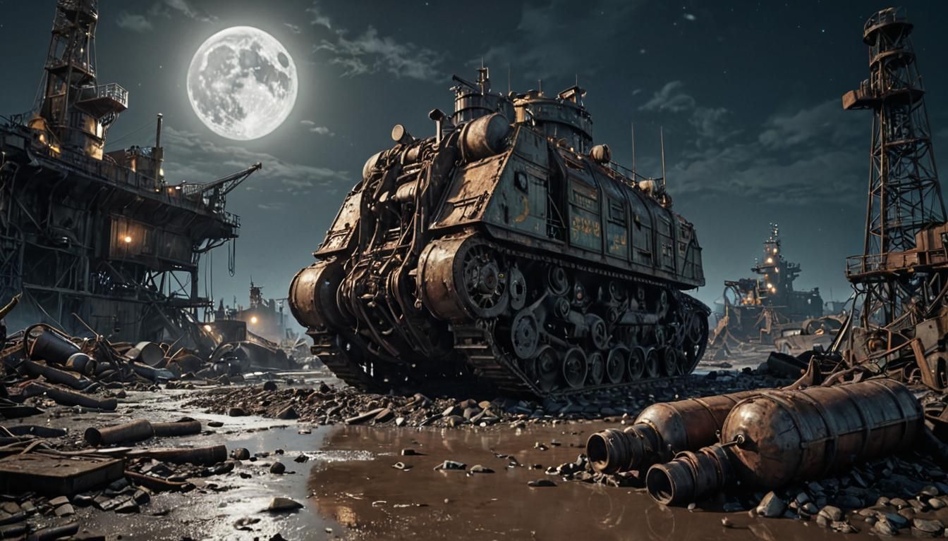 Dieselpunk Wasteland Port with Warship and Moon
