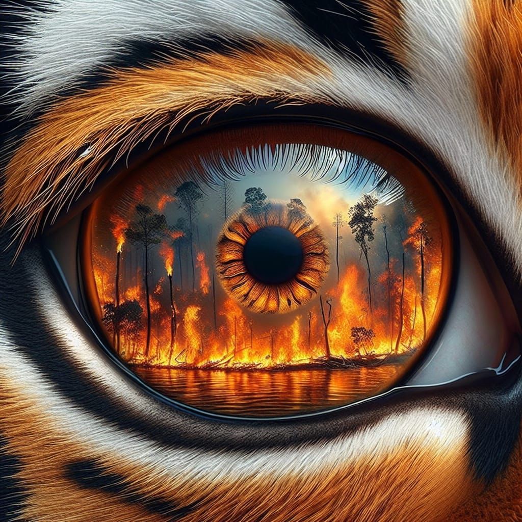 Tiger Eye Reflects Devastating Forest Fire