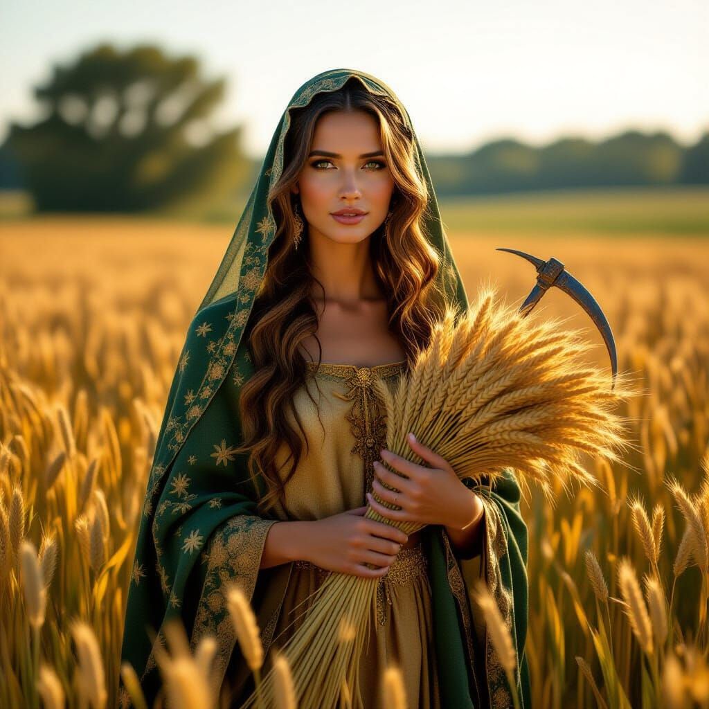 Demeter, Goddess of Harvest, in Golden Fields