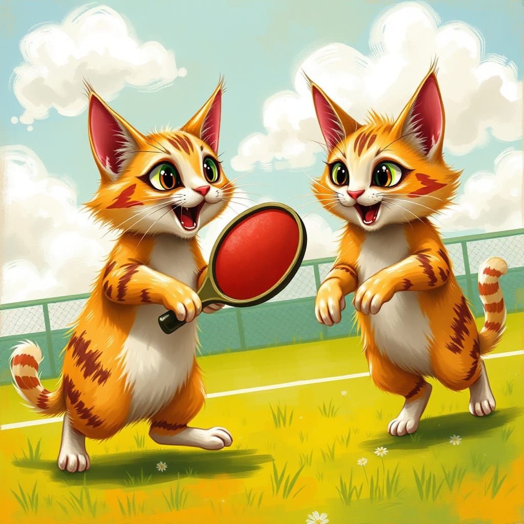 Whimsical Cats Play Pickleball in Sunny Wonderland