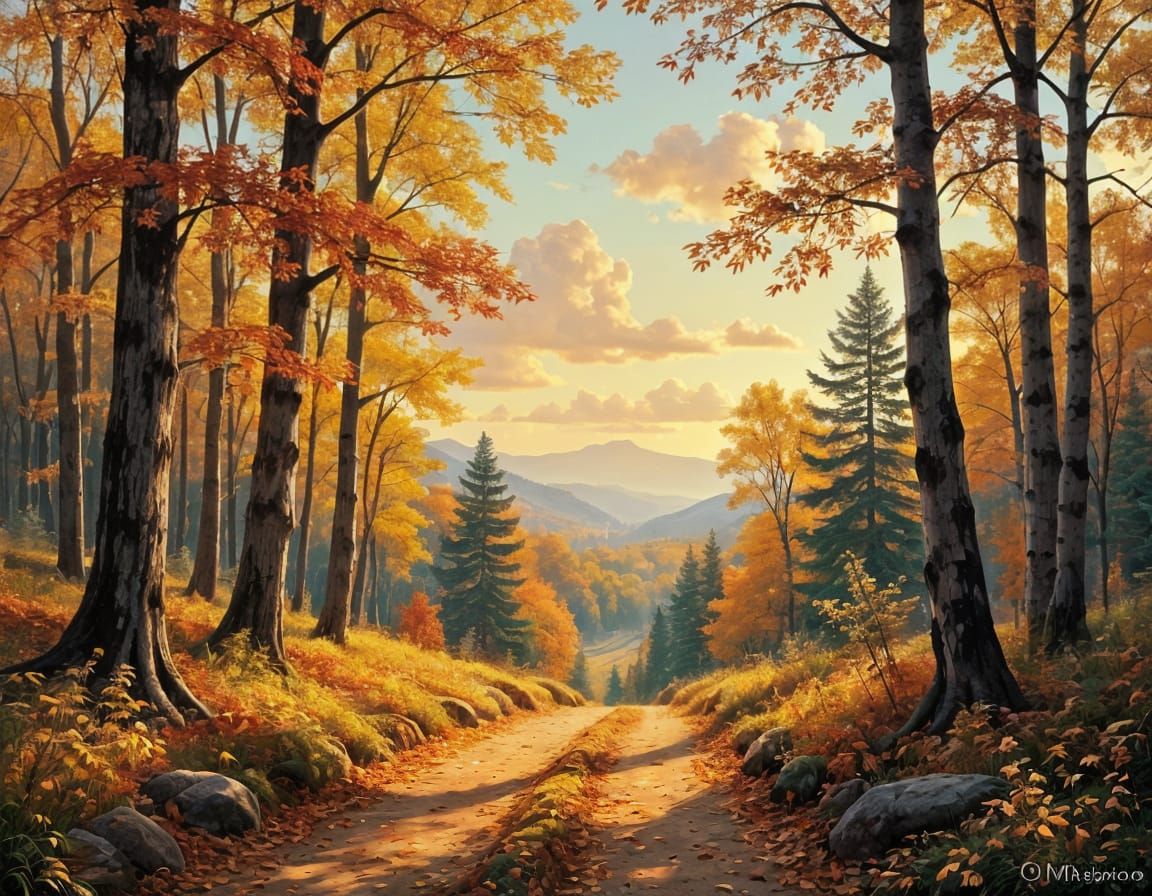 Autumn Forest Landscape with Golden Sunlight
