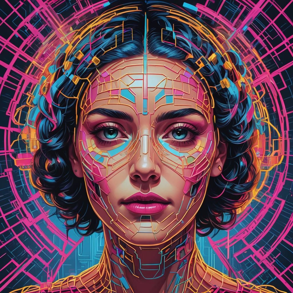 Pop Art Portrait of Woman with Glowing Brain