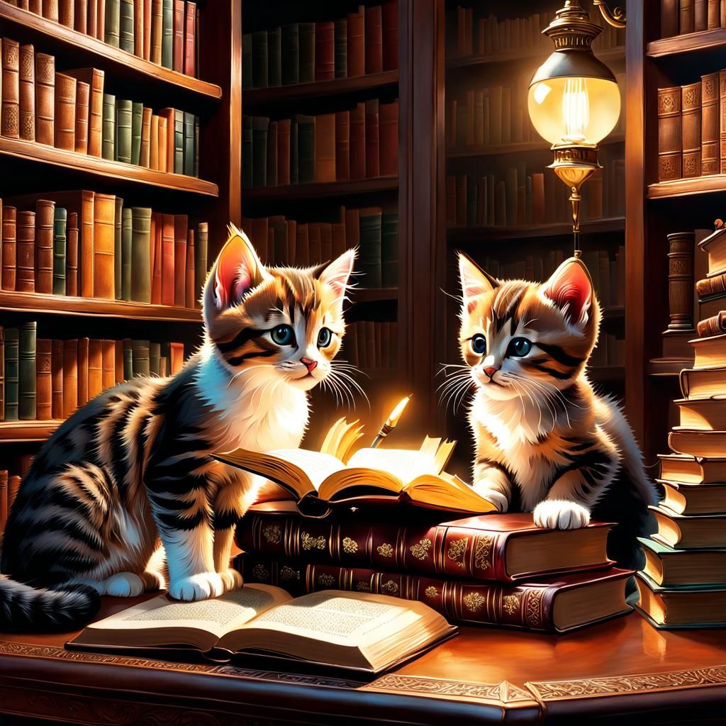 Kittens' Library Study: Hyperrealistic Splash Art