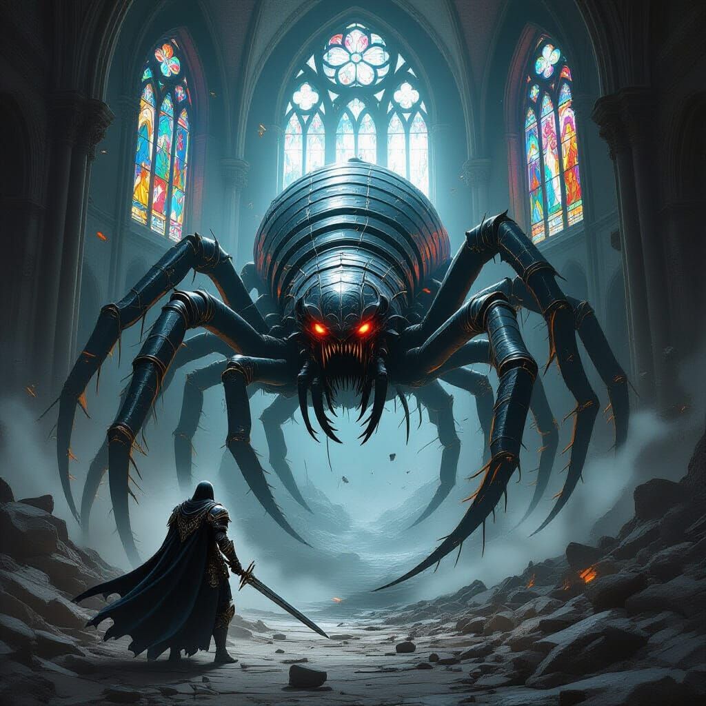 Paladin Battles Colossal Centipede in Ruined Cathedral
