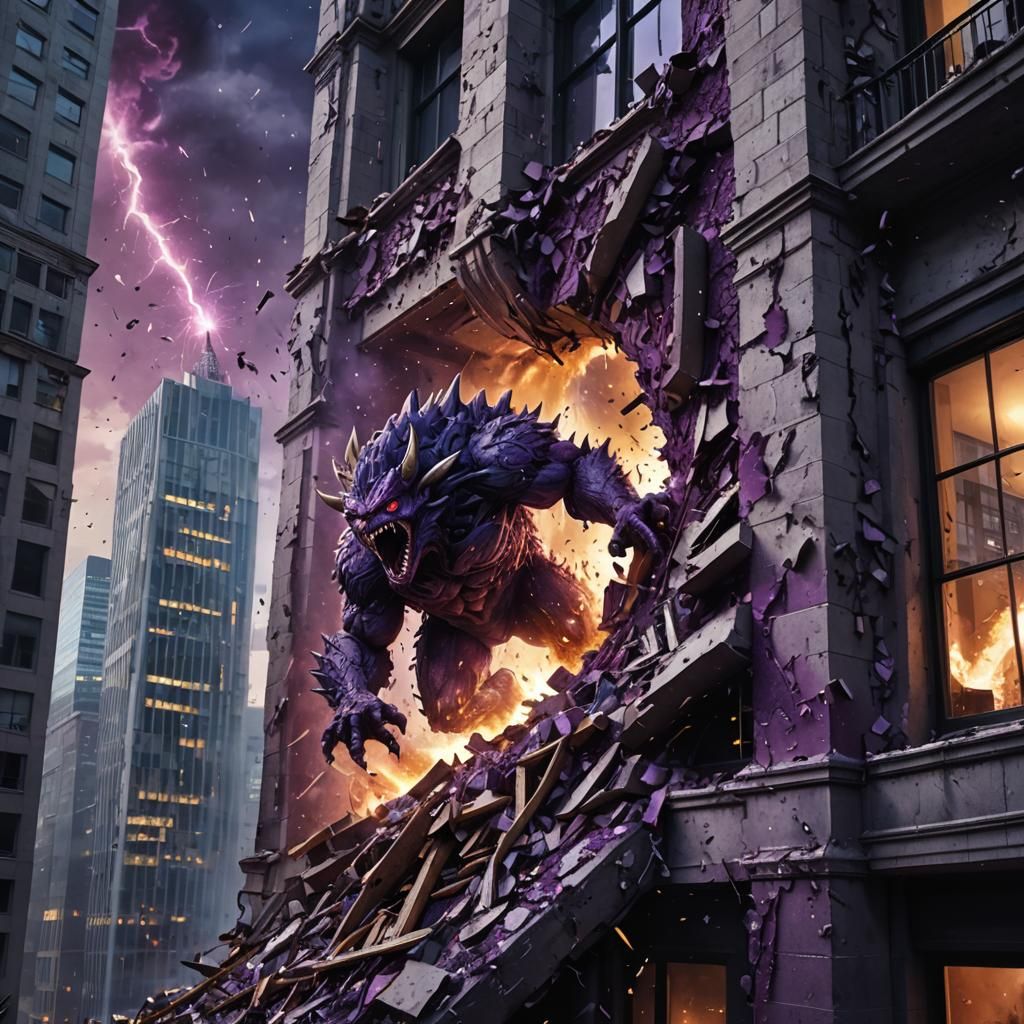 Purple Monster Attacks Skyscraper in Detailed Digital Painti...