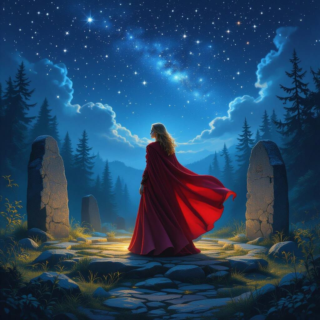 Mystical Woman in Stone Circle at Night