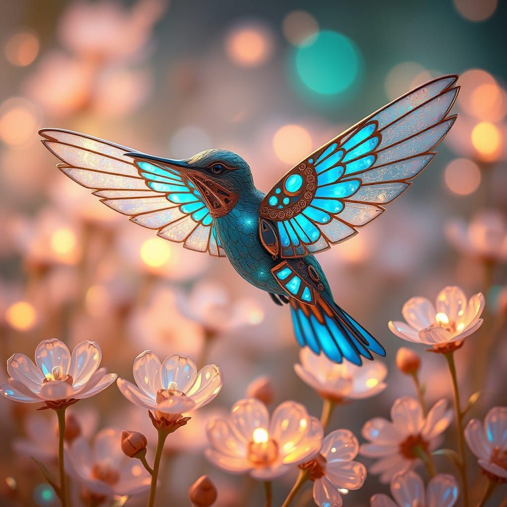 Cyberpunk Hummingbird in Iridescent Opal Feathers