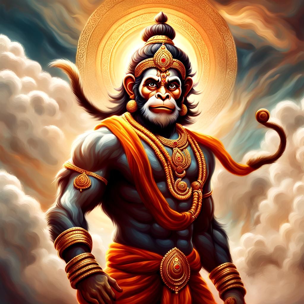 Lord Hanuman in Cloudscape Digital Painting