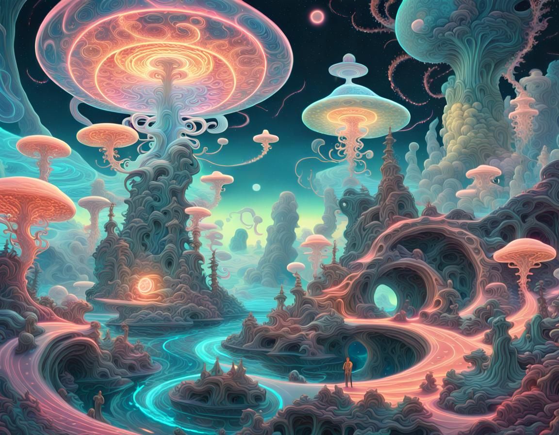 Celestial Dreamscape: Surreal Digital Art in Neon Colors