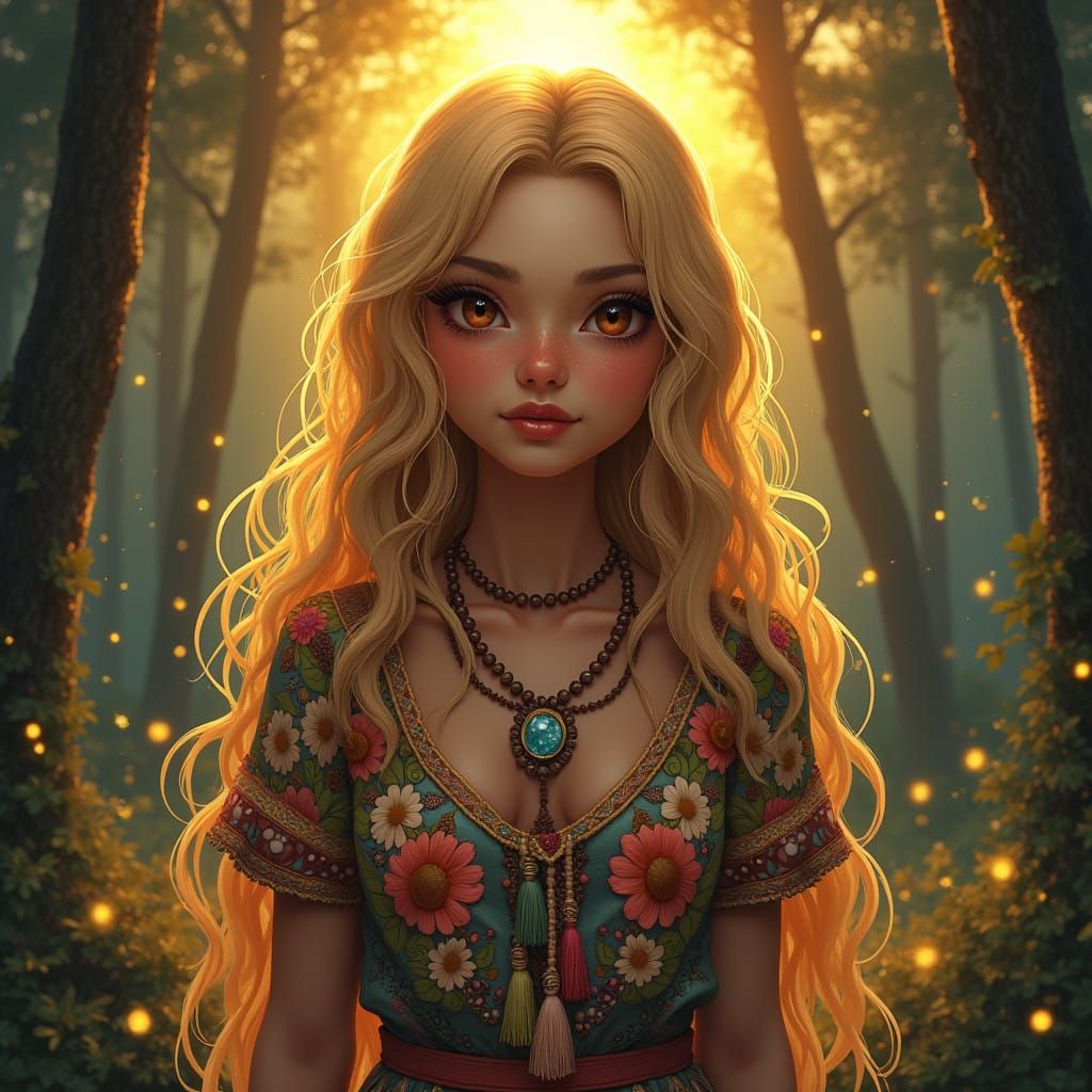 Gorgeous Hippie Girl Amidst Vibrant Forest Landscape