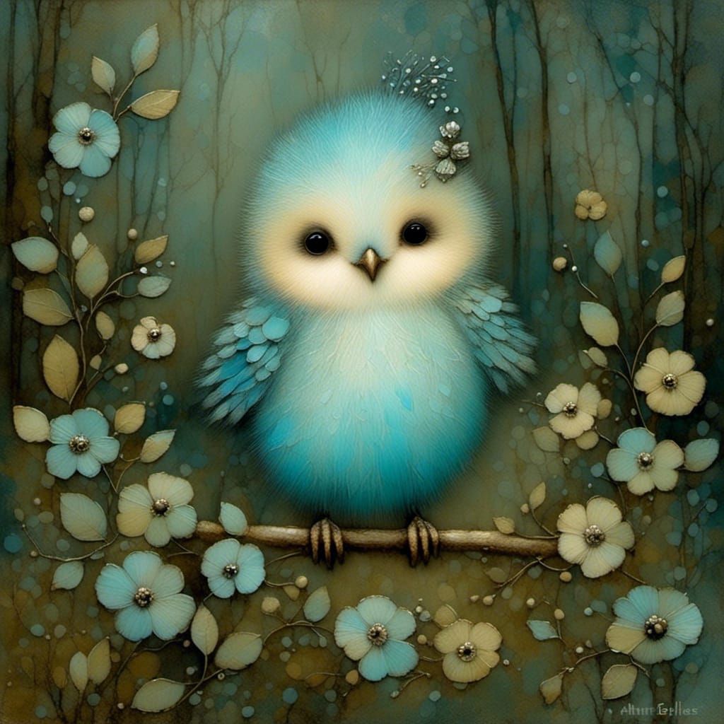 Whimsical Baby Blue Bird in Forest, Folk Art Style