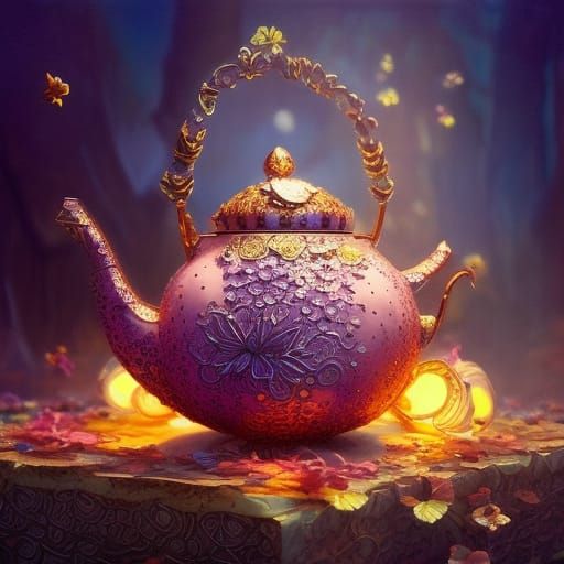 Glowing Fairy Teapot with Flower Petals, Hyperrealism