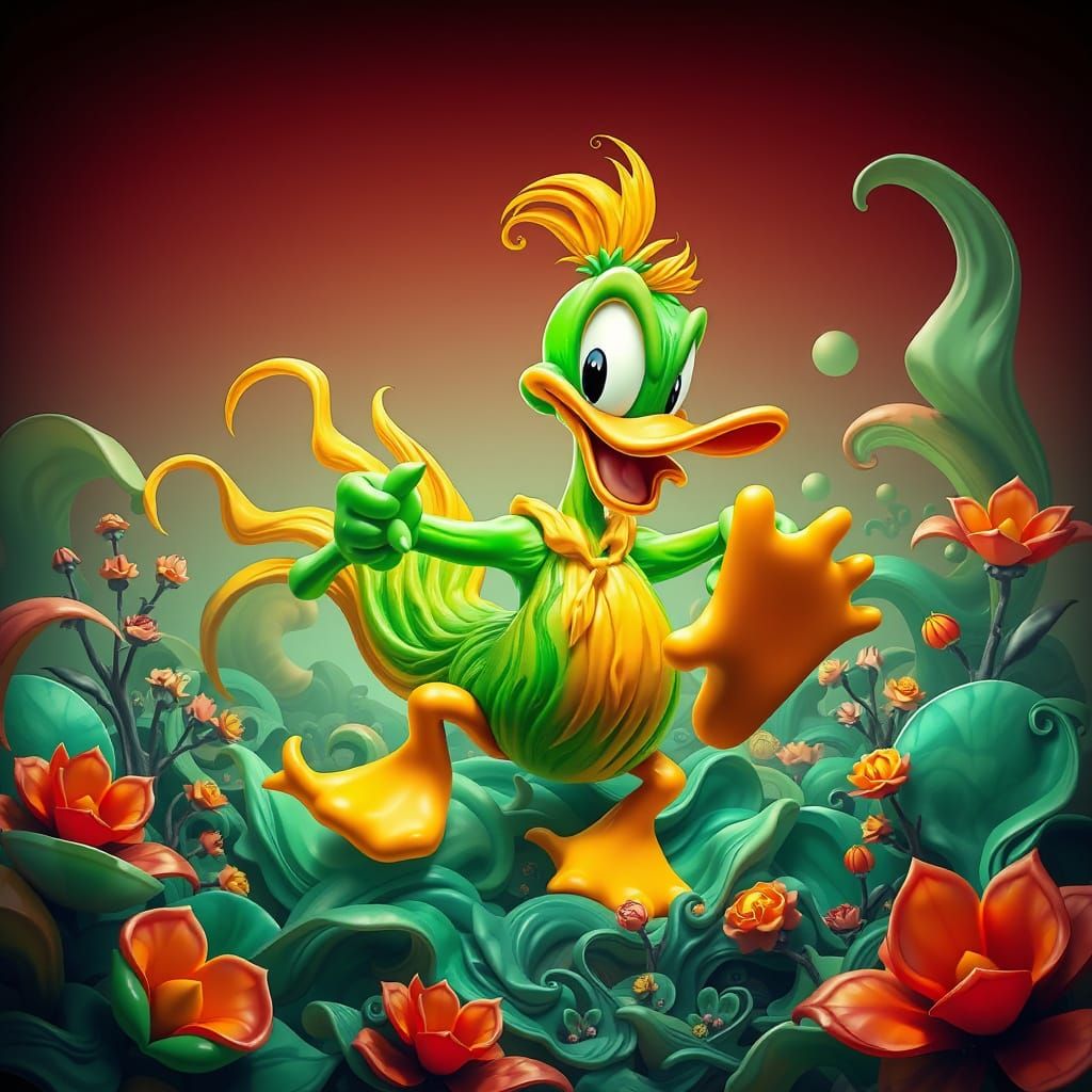 Neon Green and Neon Orange whimsical stylized Donald Duck