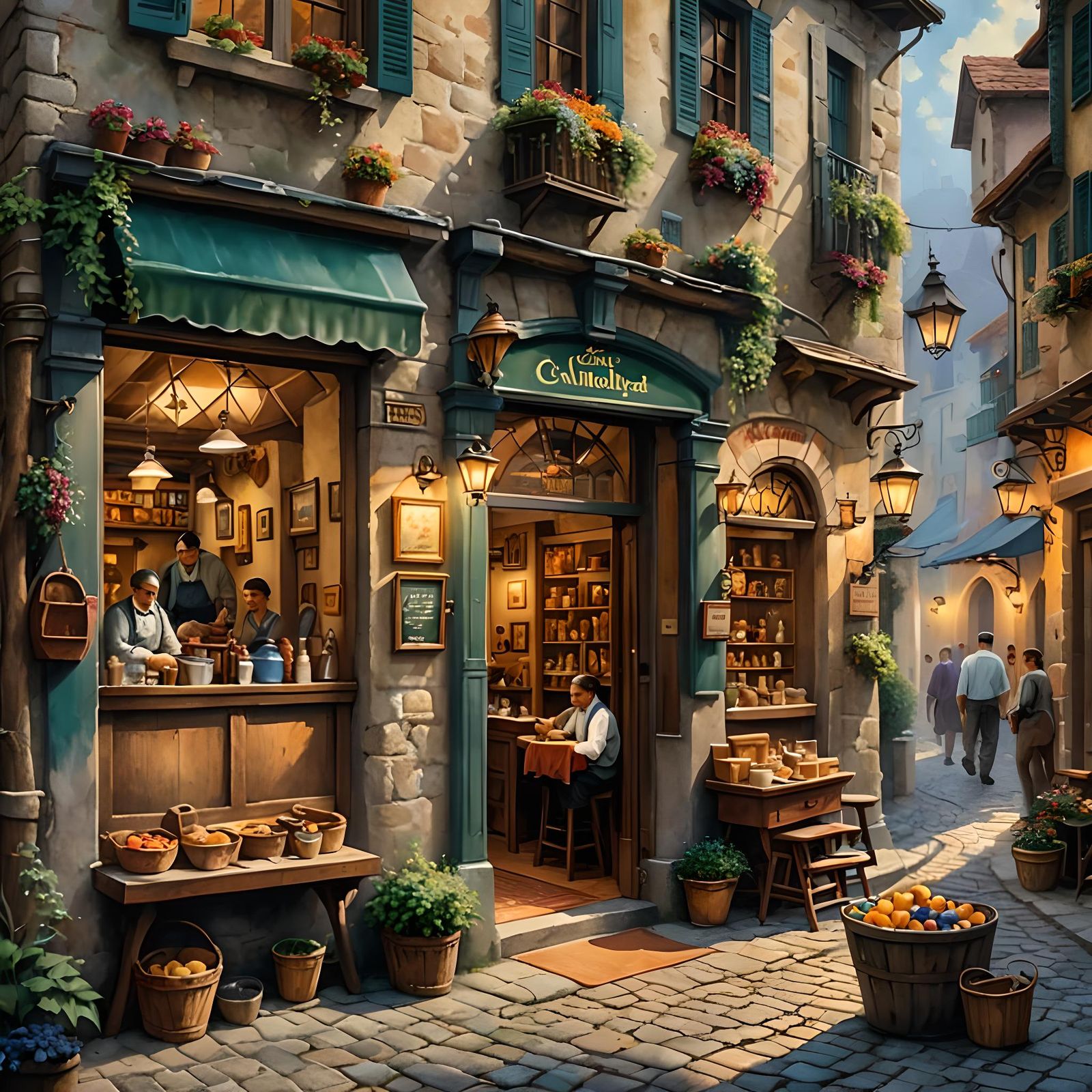 Italian Village Cobbler Shop in Watercolor Style