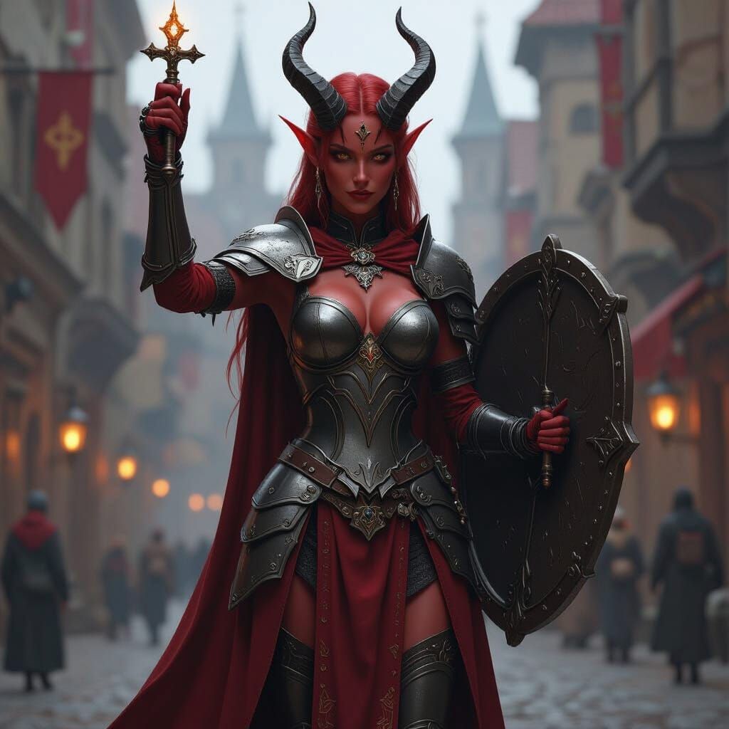 Red Tiefling Cleric in Drakkenheim with Shield and Holy Symb...