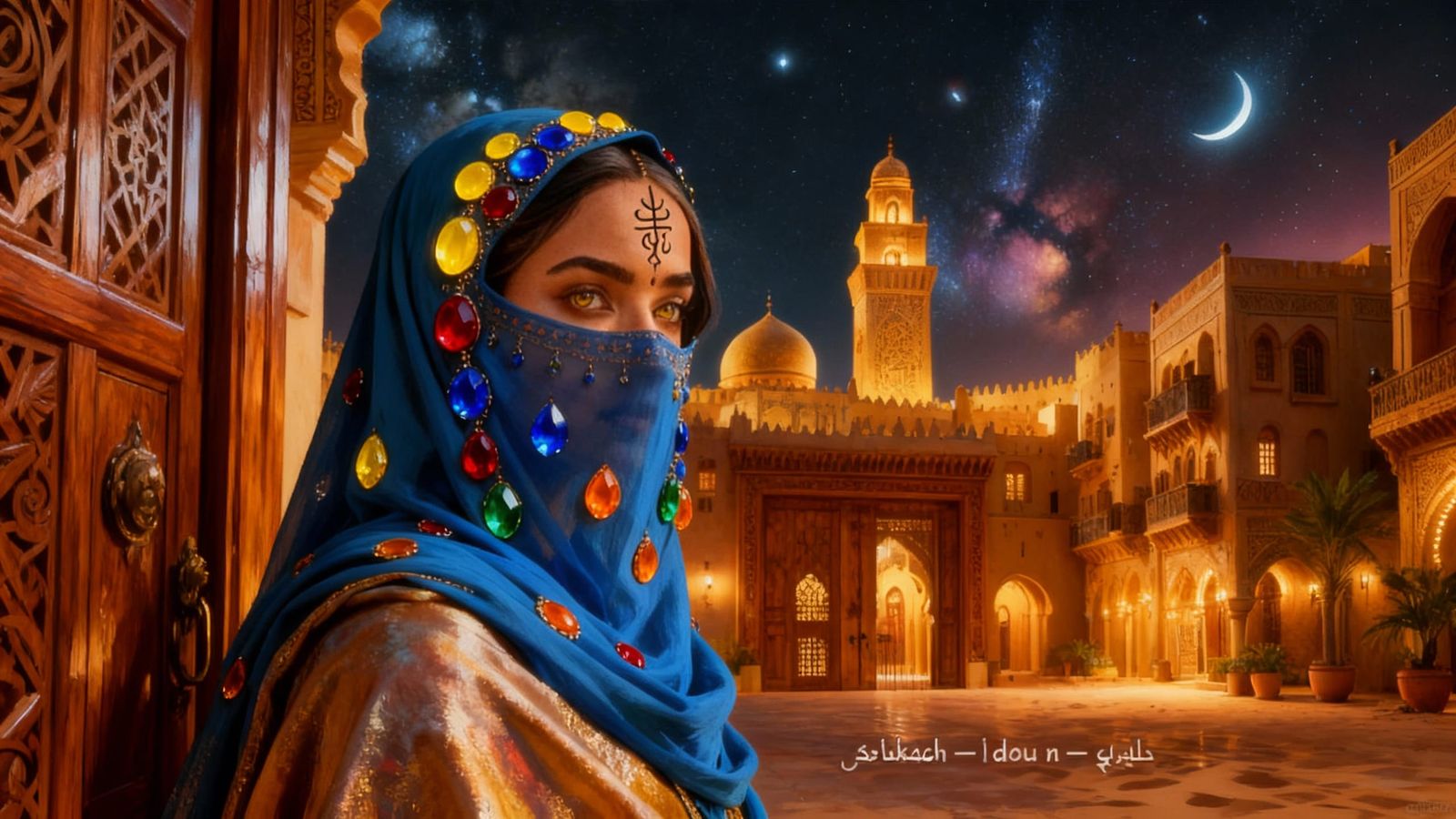 Moroccan Woman in Luxurious Drape with Tifinagh Tattoo