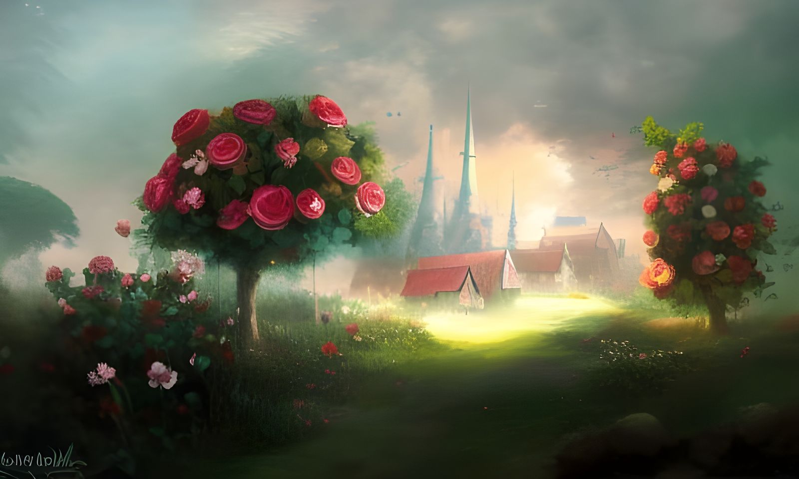 Fantasy Farm Village with Roses, Surrealist Style