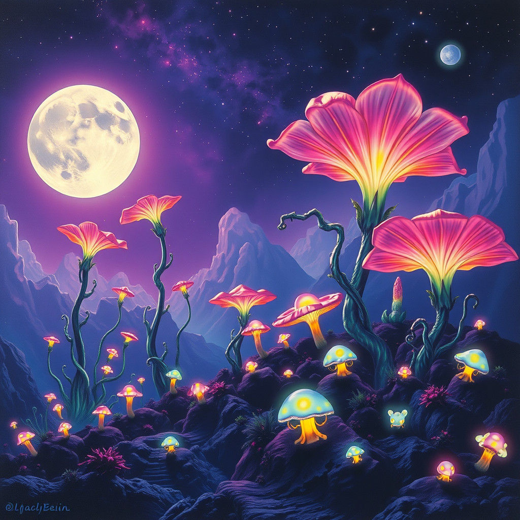 Bioluminescent Garden Under Moonlight: a Holographic Scene