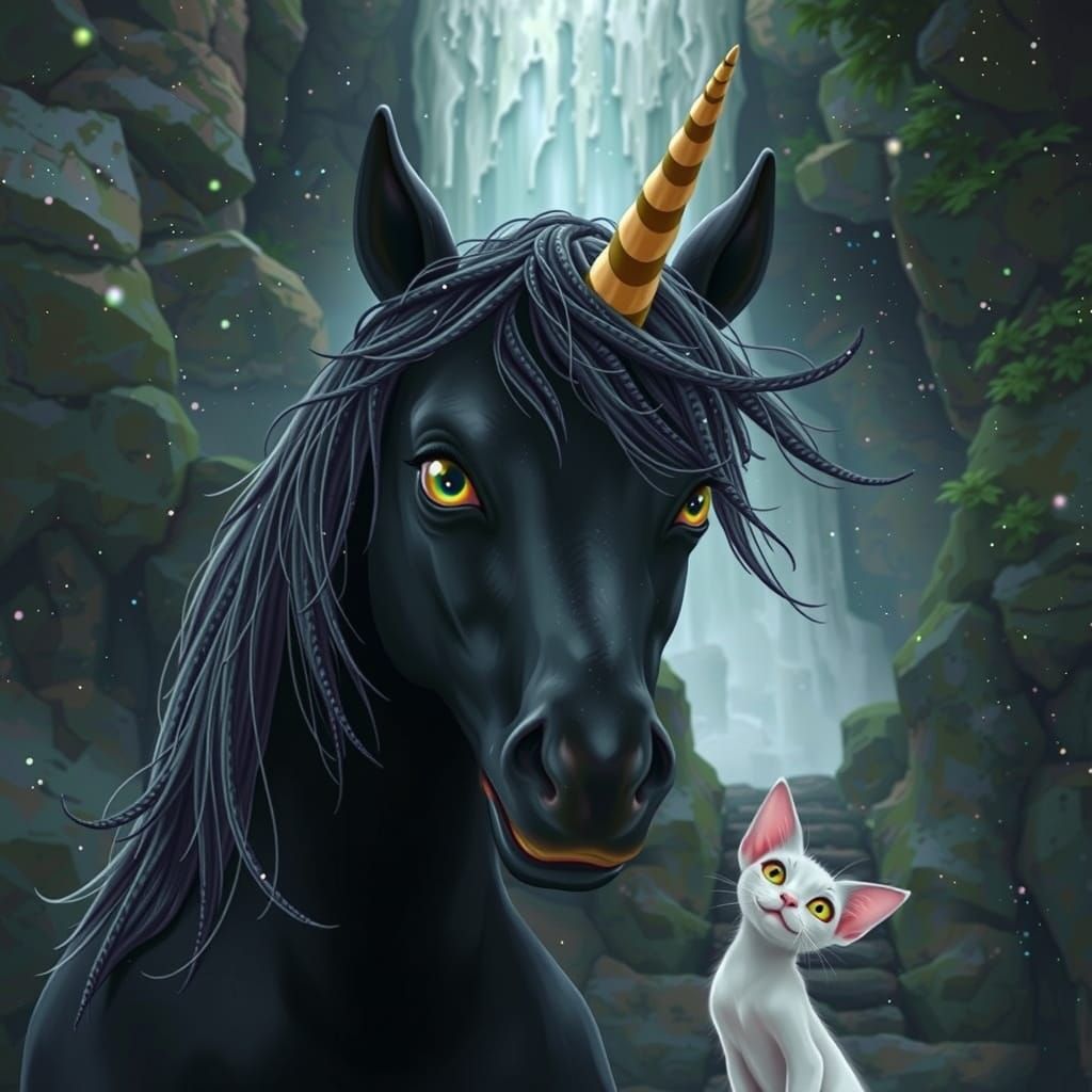 Black Unicorn and Cat at Waterfall in Art Nouveau Style