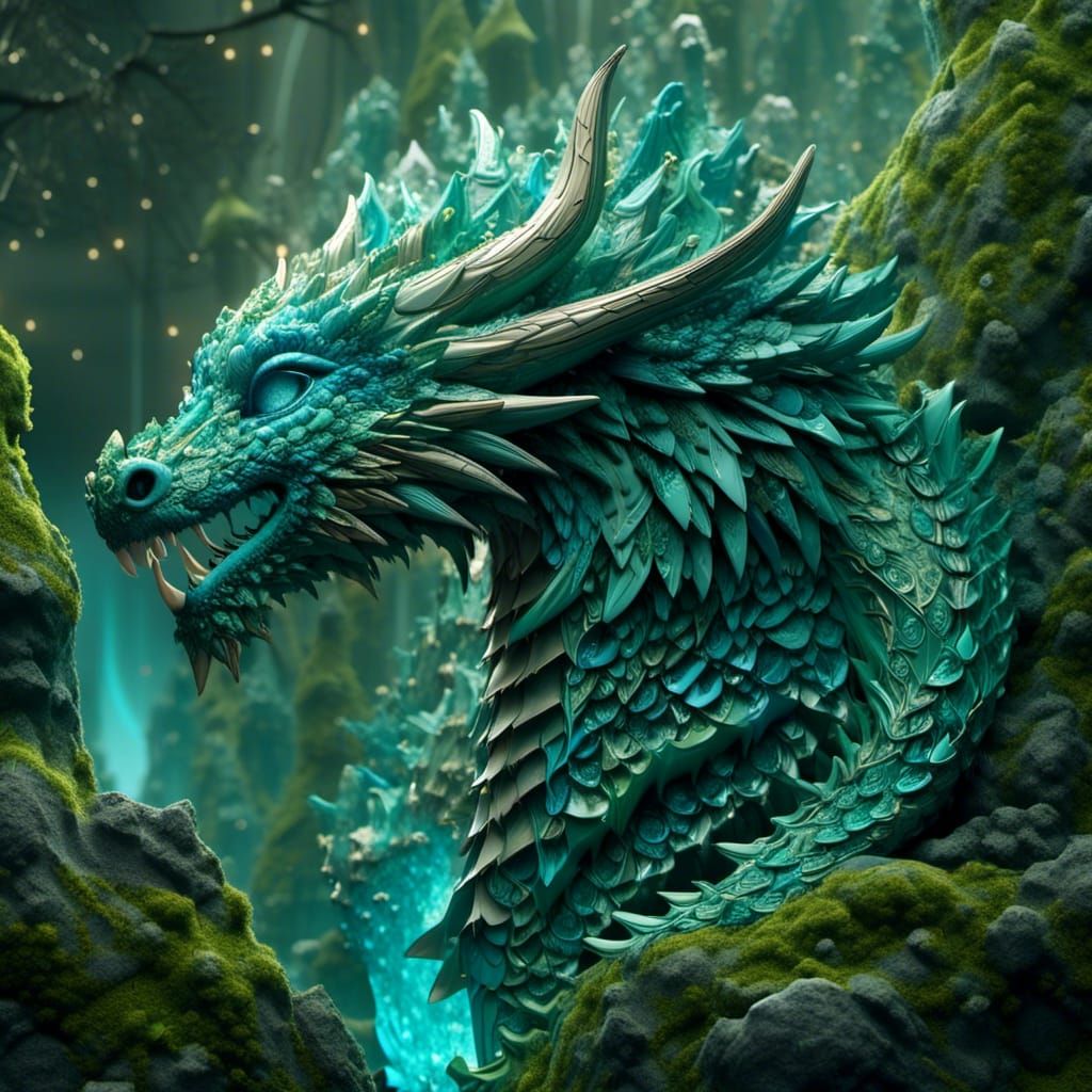 Psychedelic Dragon on Mossy Rocks: Fractal Art