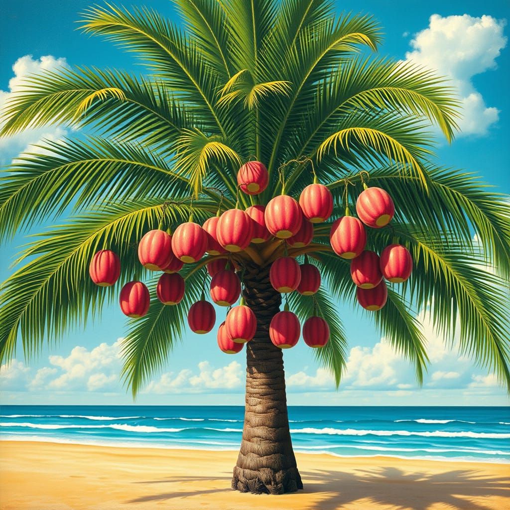 A Palm Tree in Tropical Paradise with Watermelon Fruit
