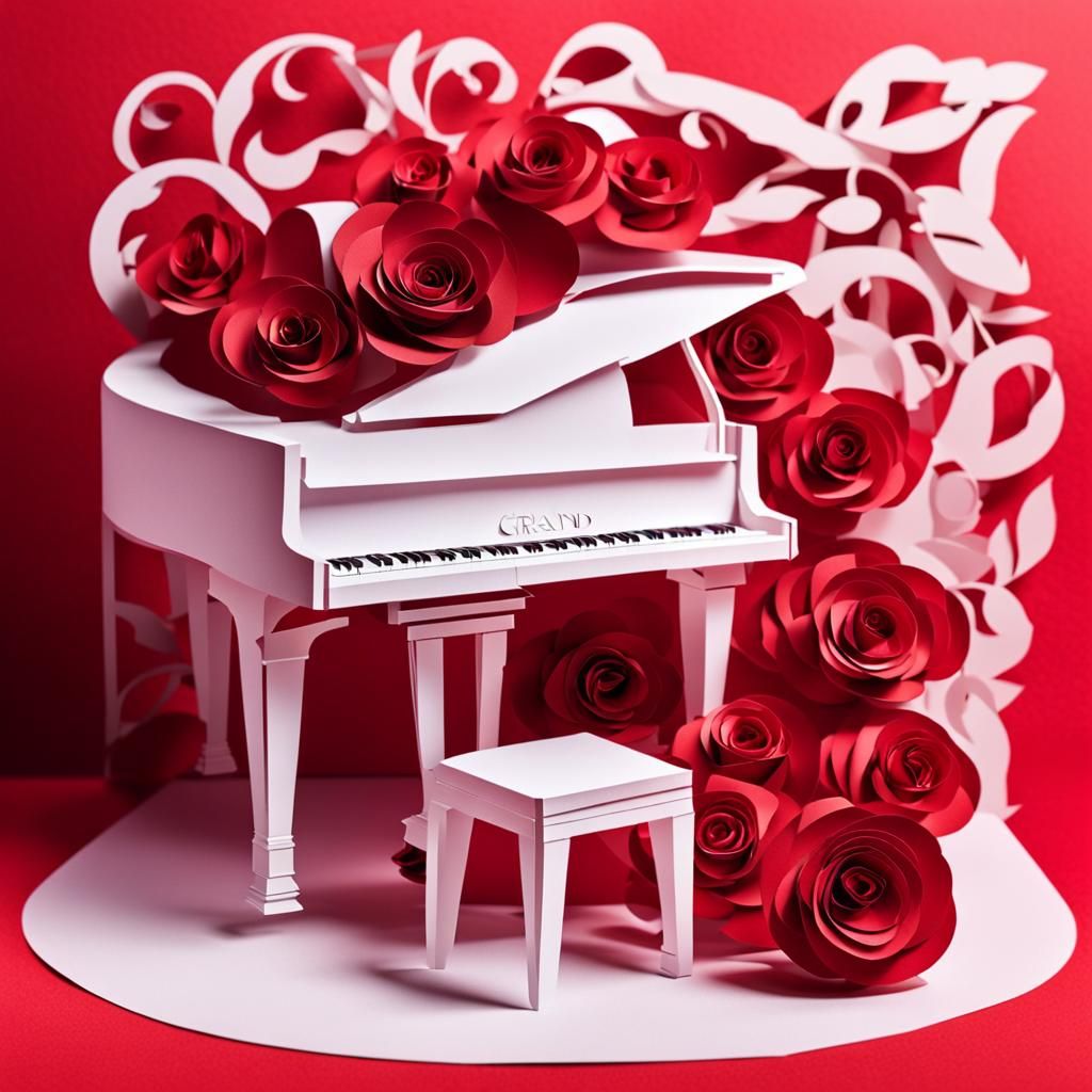Grand Piano Kirigami Papercraft on Red Stage