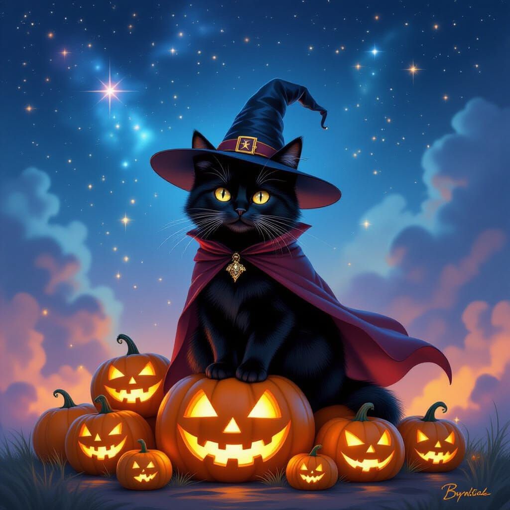 Black Cat Wizard with Glowing Pumpkins Under Starry Sky