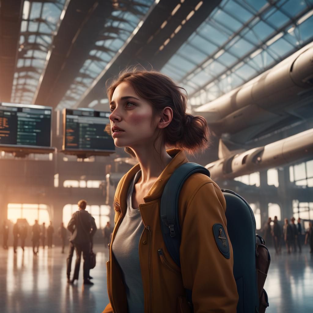 Girl Cries at Airport: Detailed Matte Painting