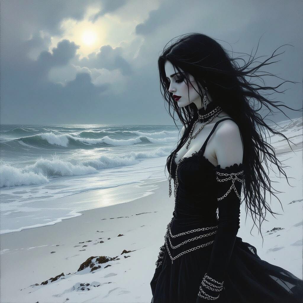 Goth Woman in Beachwear on Snowy Shore in Oil Painting Style