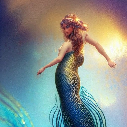 Golden Mermaid Portrait in Dark Blue Ocean