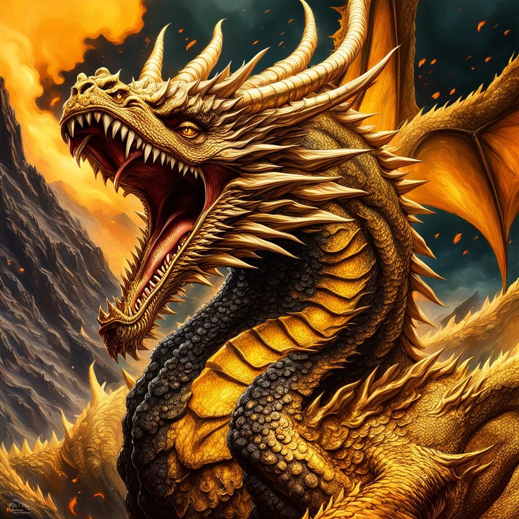 Majestic King Ghidorah Roaring in Volcano: Hyperrealistic Ar...
