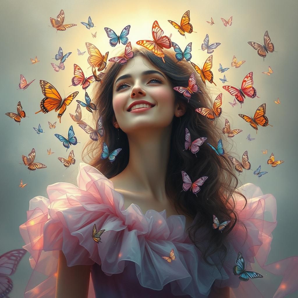 Woman in Butterfly Halo: Ethereal Digital Art
