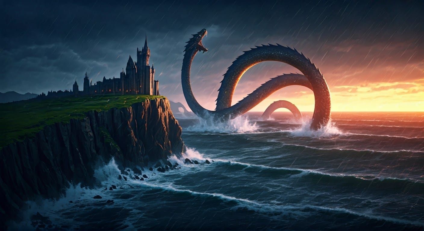 Sea Serpent Storms Castle: Dark Fantasy Concept Art