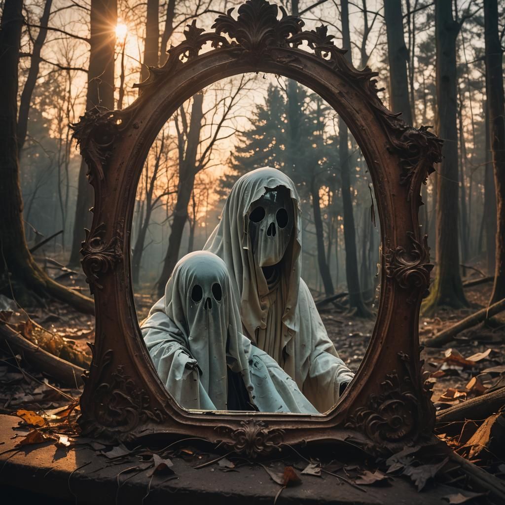 Ethereal Ghost in Abandoned Mansion at Sunset