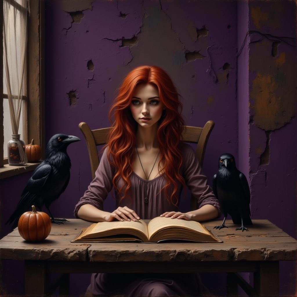 Kind Witch Studying Raven Lore in Golden Light