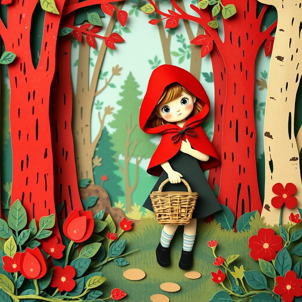 Little Red Riding Hood in Whimsical Forest Illustration