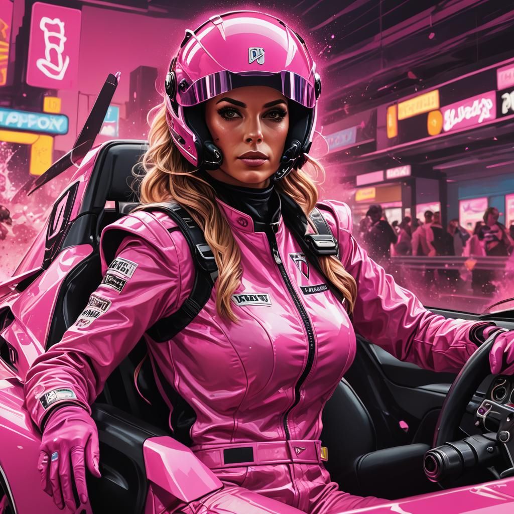 Pink Playboy Race Car Driver in Graphic Novel Style