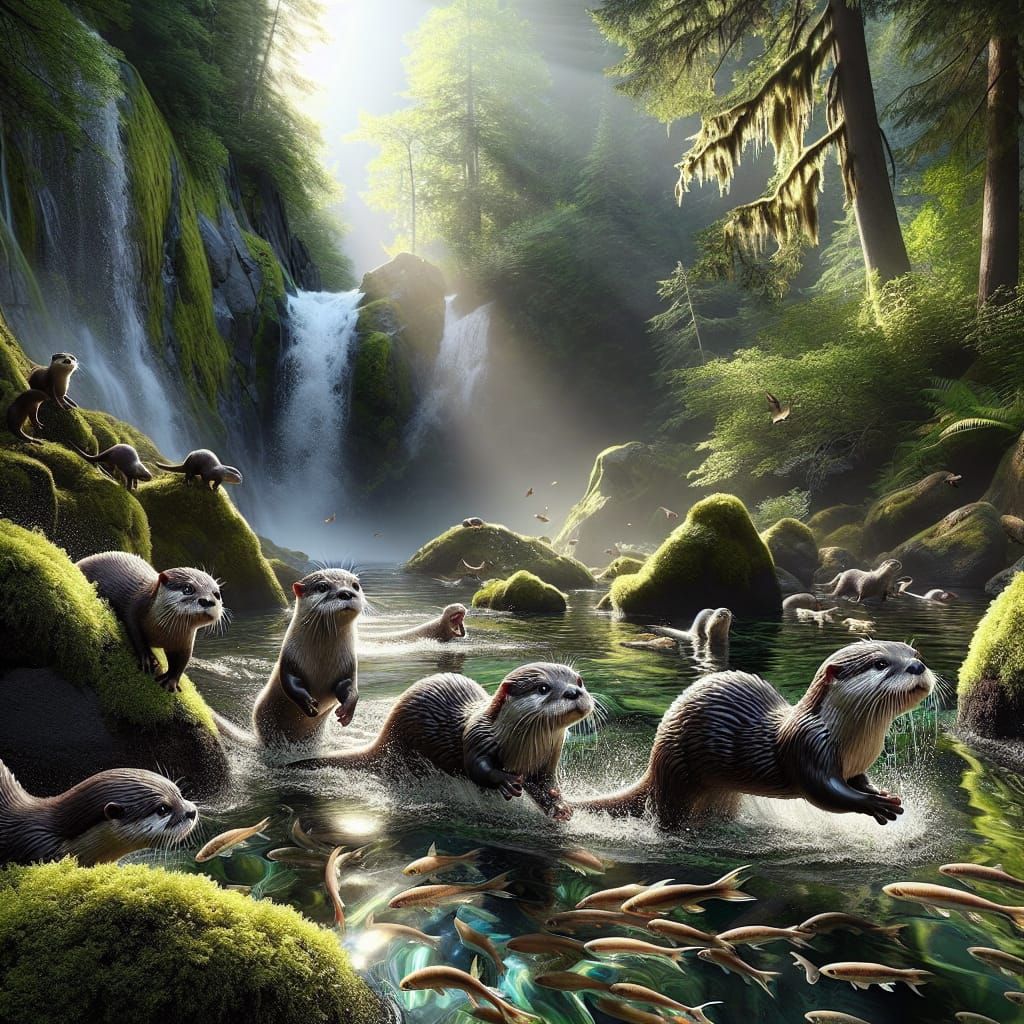 Playful Otter Pups in Hyperrealistic Pacific Northwest Lands...