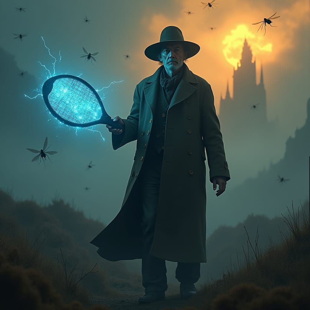 Mosquito Apocalypse: Hero with Electric Swatter in Eerie Lan...