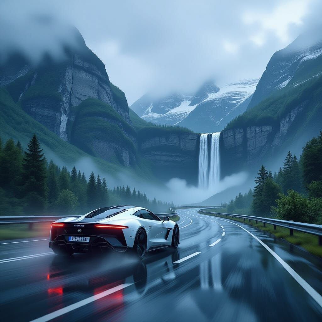 Sports Car on Rainy Road with Waterfall in Photorealistic St...