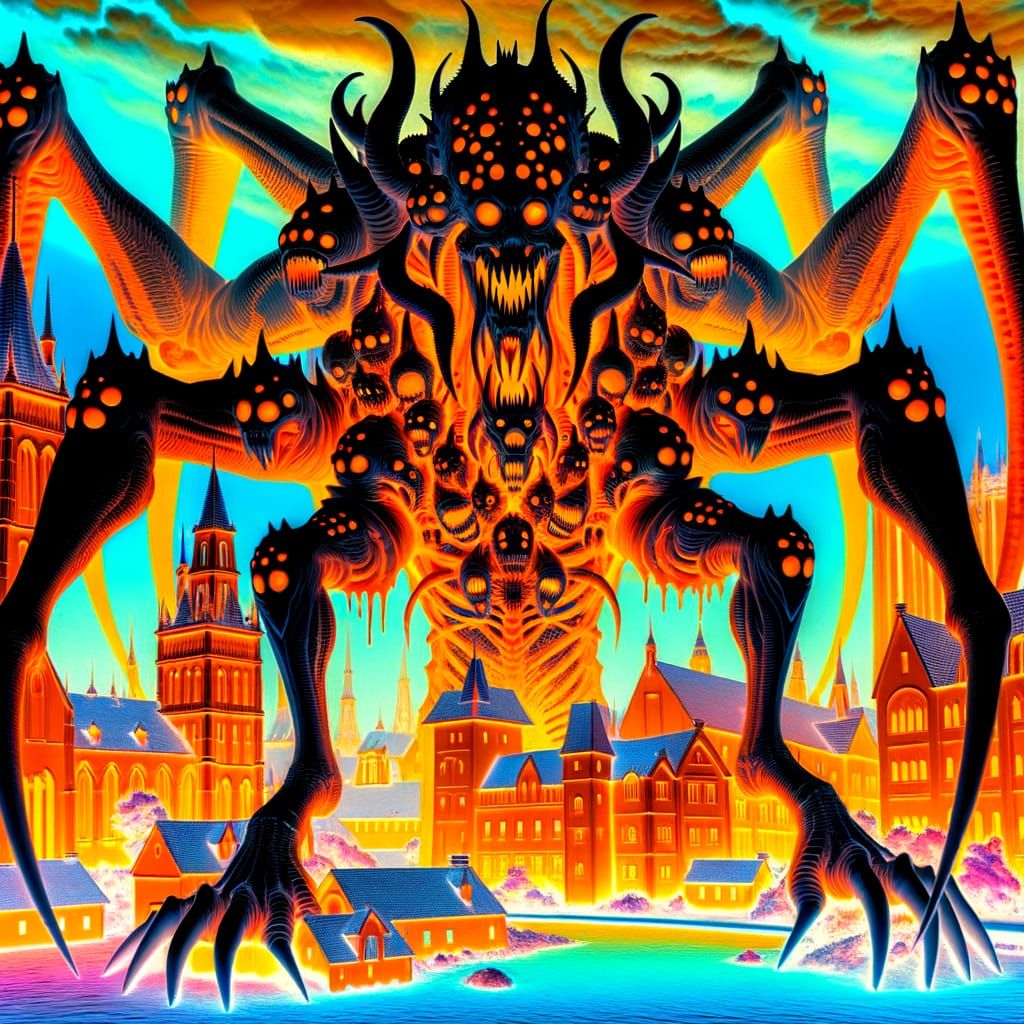 Surreal Dark Lord Looms Over Inferno Village in Negative Art...