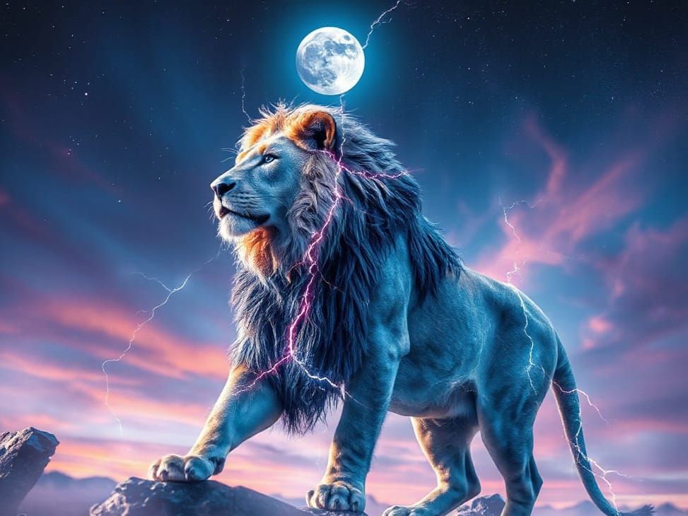 Surreal Cosmic Lion Radiates Soft, Ethereal Light