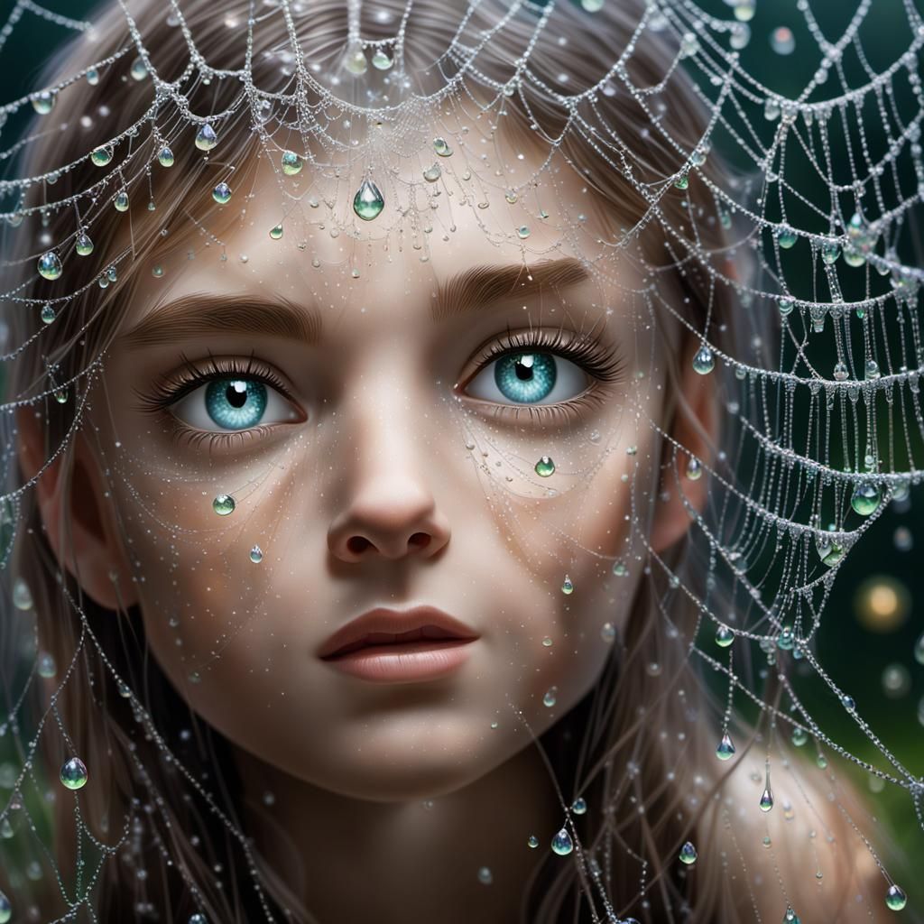Sparkling Dew Web with Fairies and Child
