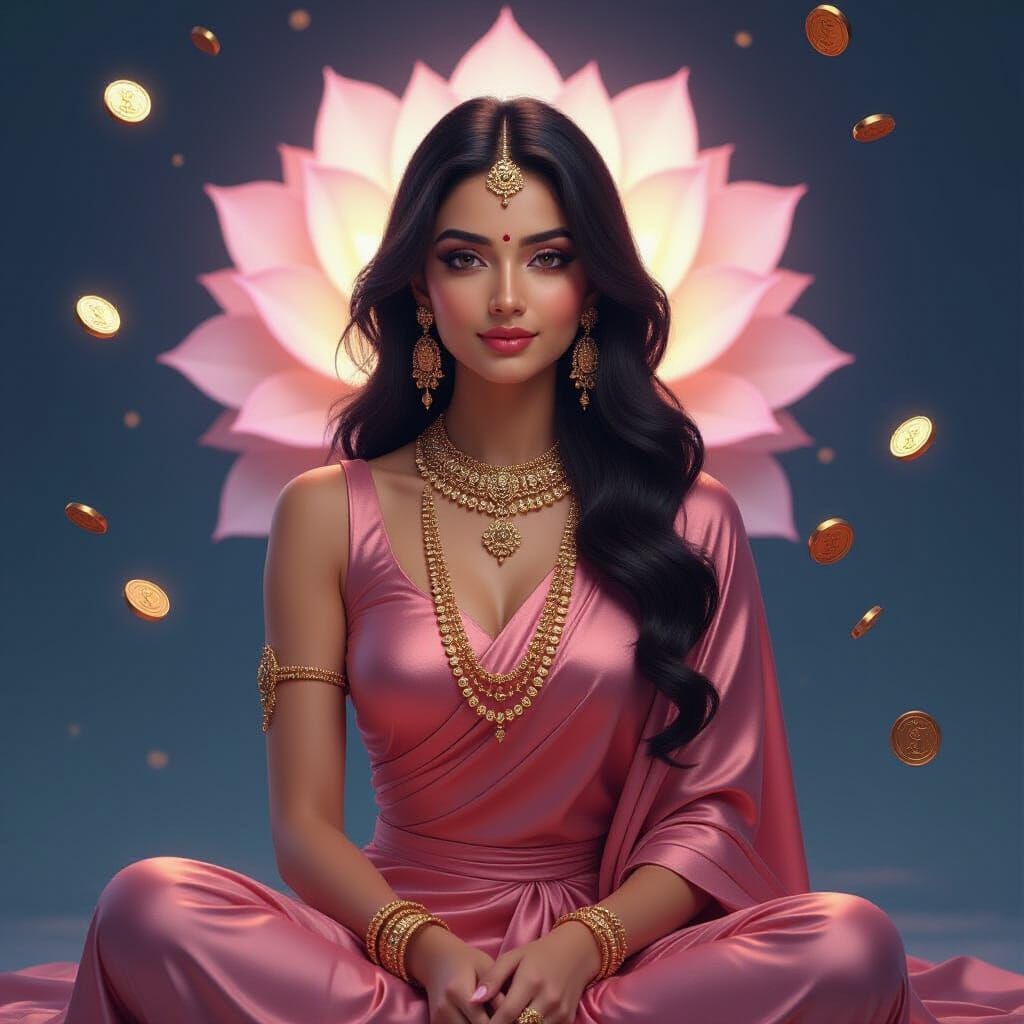 Modern Goddess Lakshmi in Silk Jumpsuit with Holographic Coi...