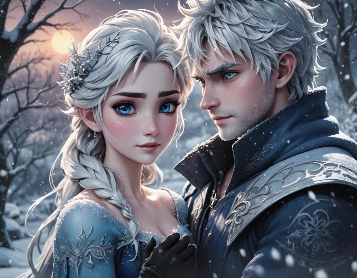 Jack Frost and Elsa in Winter Blizzard: Anime Style