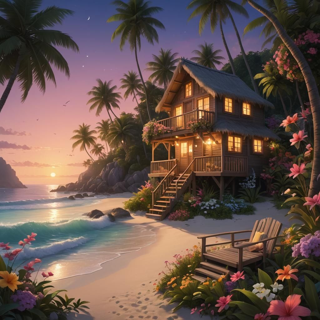 Twilight Beach Paradise with Luminous Flowers