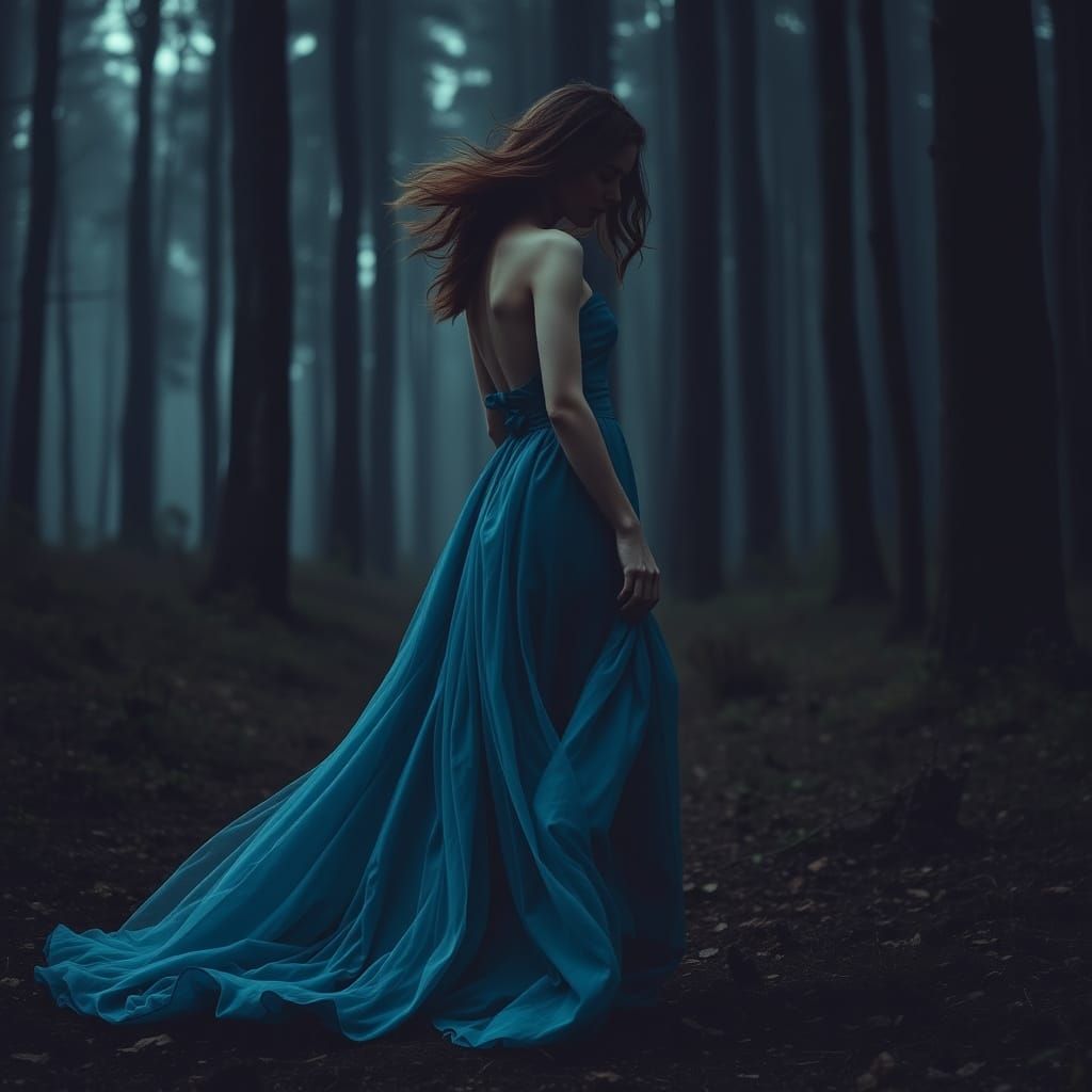 Woman in Blue Dress in Dark Forest